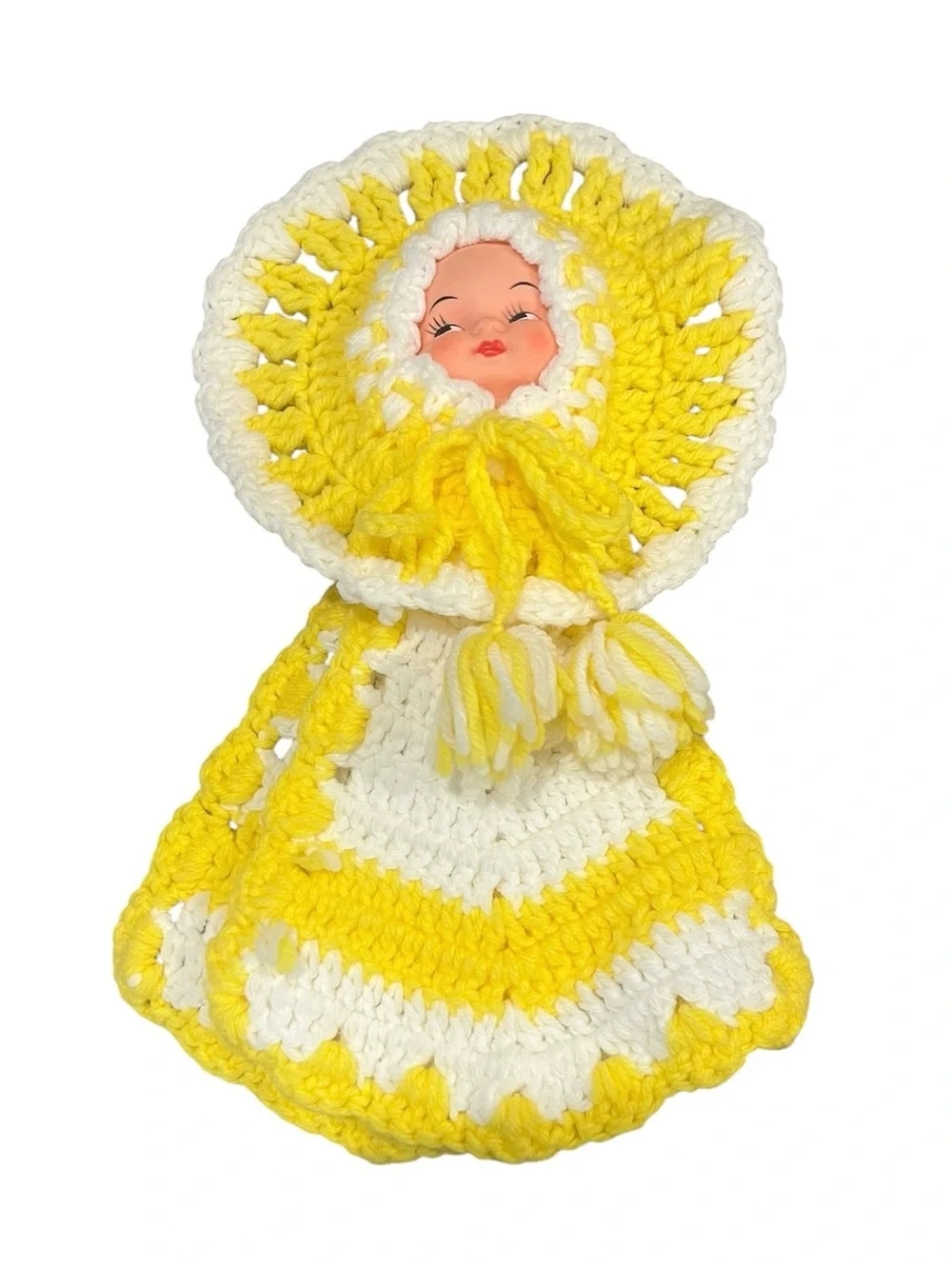 Vintage Handmade Crochet Knit Doll Face Pot Holders Yellow White Kitchen Decor